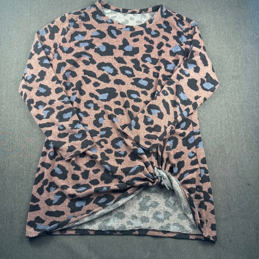 Womens Leopard Print Long Sleeve Knit Top Knot Front Casual Tunic Shirt